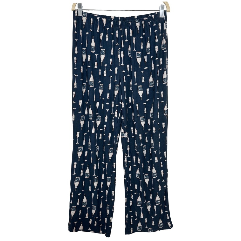 New Directions Pajama Pants Womens Navy Champagne Print Wide Leg Sleepwear M